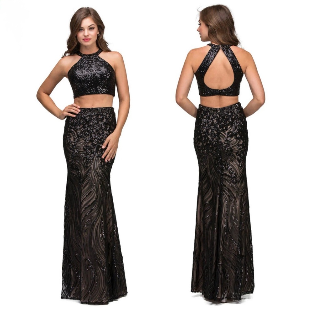 Lucci Lu 8258 Black Nude Sequin 2-Piece Dress Crop Top Prom Homecoming Size 4